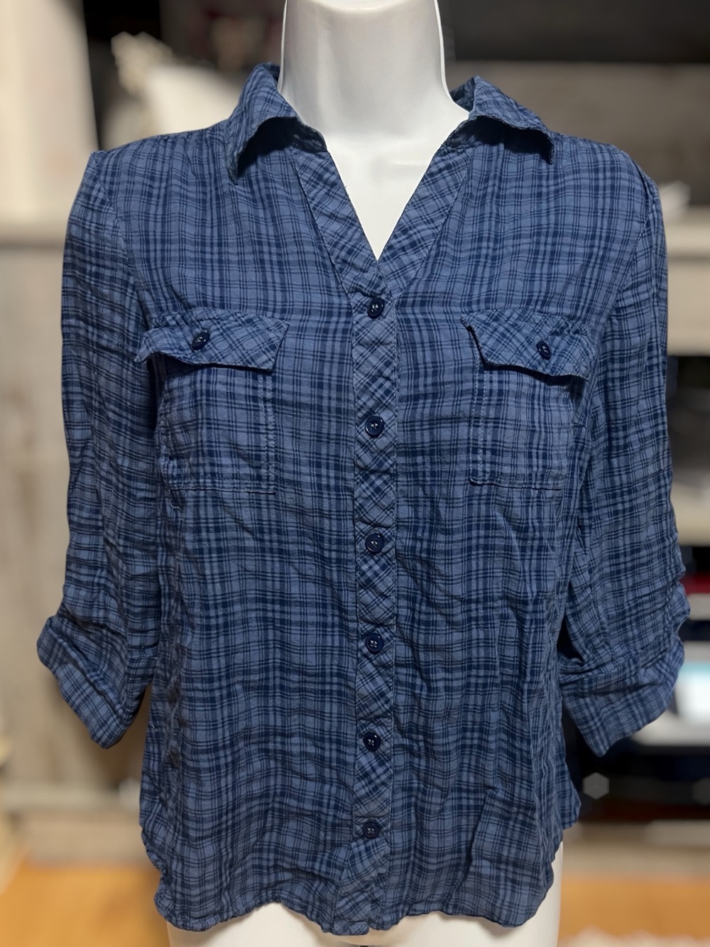 Croft & Barrow Blue Plaid Button-Up Shirt sz PXS